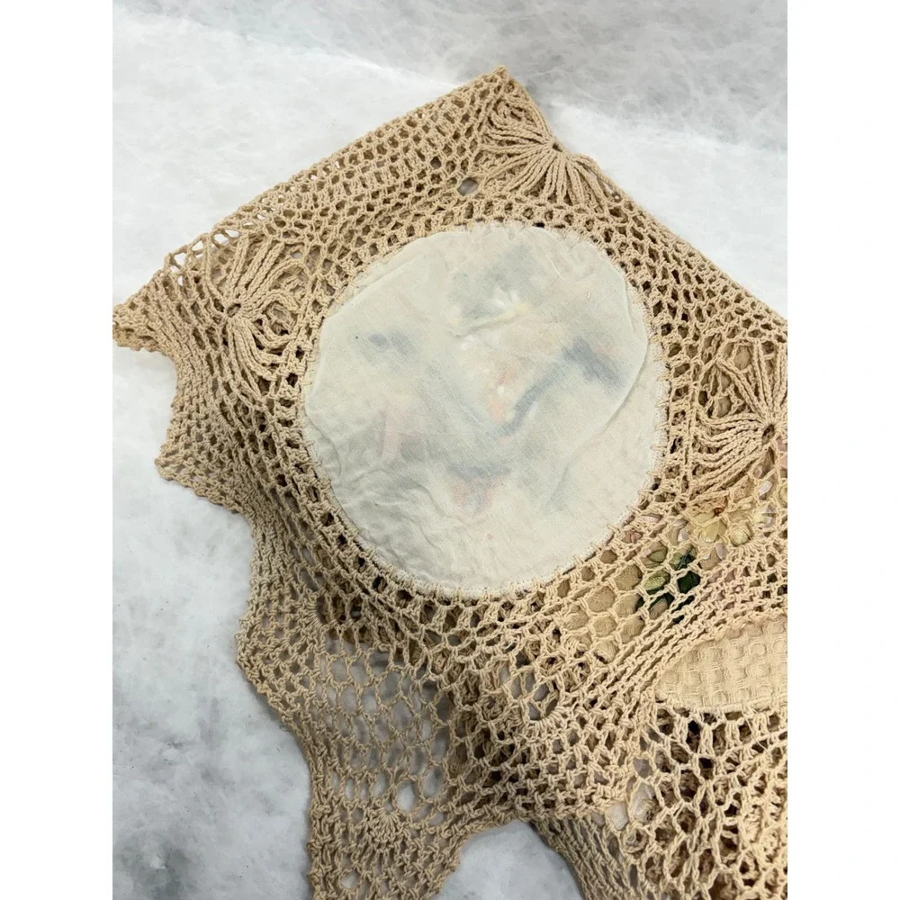 Vintage Hand Crocheted Lace Square Tablecloth Silk Ribbon Embroidery Floral 35in